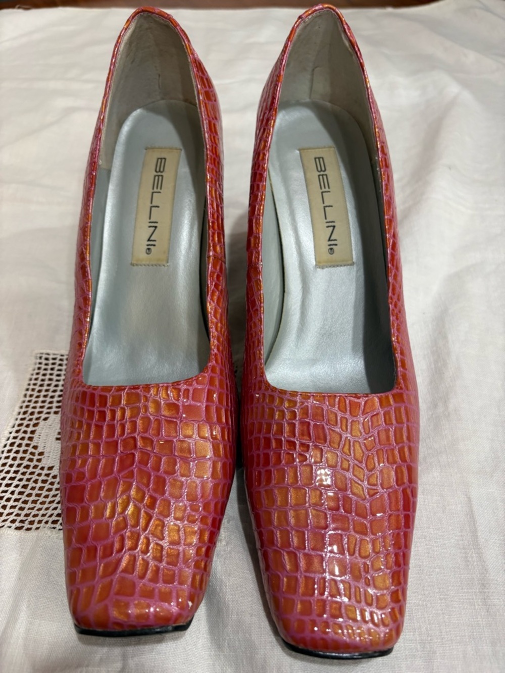 Bellini Women's Red Leather Croc-Embossed Square-Toe Pumps